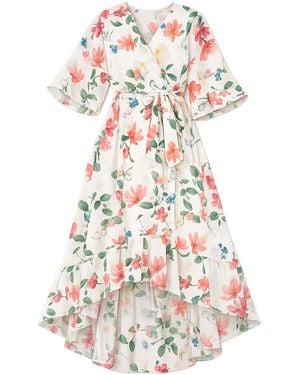Yumi' Neutrals Ivory Floral Print Wrap Midi Dress With Dipped Hem - White