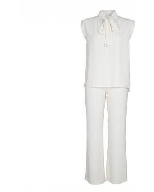 Modenaire Sleeveless Tie Neck Blouse And Wide Leg Pant Set - White