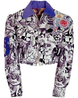 Couture to Your Door Abstract Monochrome Upcycled Cropped Jacket - Blue