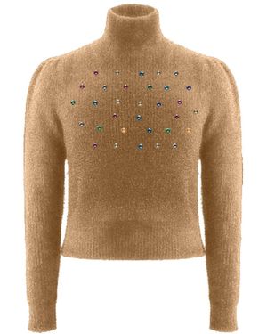 Roch Perel Neutrals Camel Embellished Fur Knit Jumper - Natural