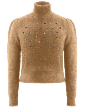 Roch Perel Neutrals Camel Embellished Fur Knit Sweater - Natural