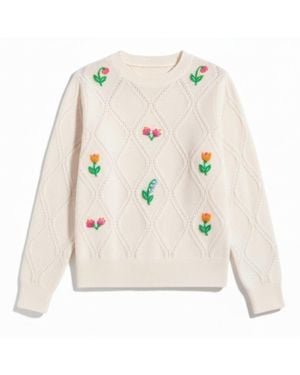 Brodie Cashmere Neutrals Lightweight Floral Stitch Cashmere Crew - Natural