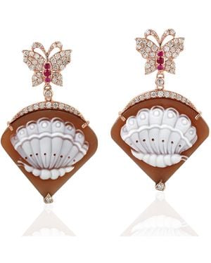Artisan 18k Shell Cameos Ruby Butterfly Dangle Earrings Diamond Jewelry - Brown