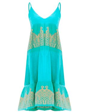 Haris Cotton Tank Linen Dress With Embroidered Cotton Ruffles Island - Blue