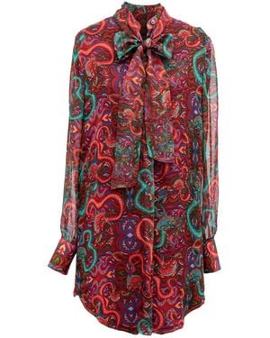 Janara Jones Fantasy Print Chiffon Long-Sleeve Mandarin Collar With Tie Blouse - Red