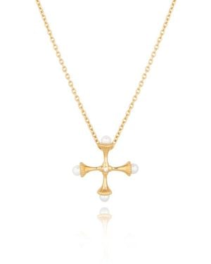 Lulu B London Small Pearl Cross Necklace With Cubic Zirconia - Metallic