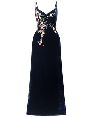 Silk and Bears Hand-Embroidered Midnight Silk Velvet Evening Dress - Blue