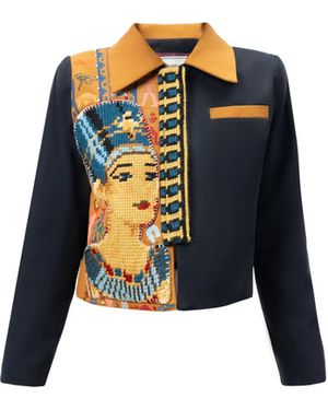 Rondooz Hand Painted Linen And Cotton Blazer With Antique French Gobelin Tapestry & Hand Applied Embellishment - Black
