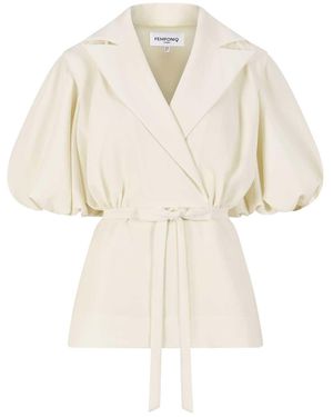 Femponiq Draped Puff Sleeve Tailored Blouse - Natural
