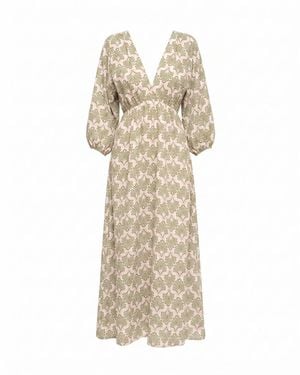 Tantra Spain Sl Printed Dress With Elastic Waistband, V-Neck And V-Back Kakhi - Natural