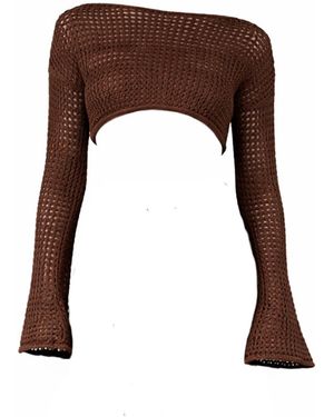 Belletage Swimwear The Off-Weekend Crochet Off The Shoulder Bell Sleeve Crop Top - Brown