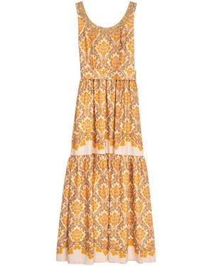 Niza Short Dress With Round Neckline And All-Over Floral Print - Metallic