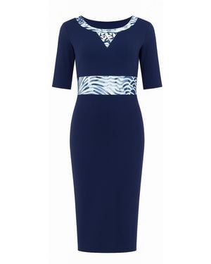Conquista Viscose-Elastane Jersey Midi Dress With Patterned Waistband - Blue