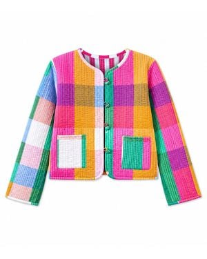 Yumi' Multicolour Checked Cropped Reversible Cotton Quilted Jacket - Black