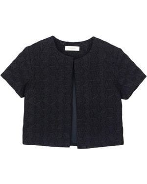 Stovaria Velvet Crop Coat With Metallic Thread Embroidery - Black