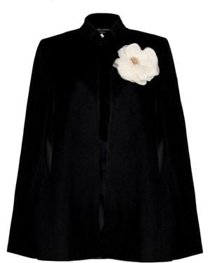 Laines London Neutrals Laines Couture Wool Blend Cape With Embellished Cream Corsage - Black