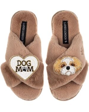 Laines London Neutrals Classic Laines Slippers With Dog Mum Mom & & Shih Tzu Brooches - Brown