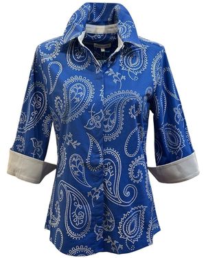 Perlavera Nova Paisley Three Quarter Sleeve Length Slim Fit Shirt - Blue