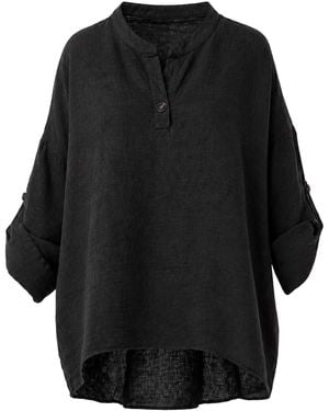 Jana Coshè Linen Oversized Shirt With Mandarin Collar And Horn Button - Black