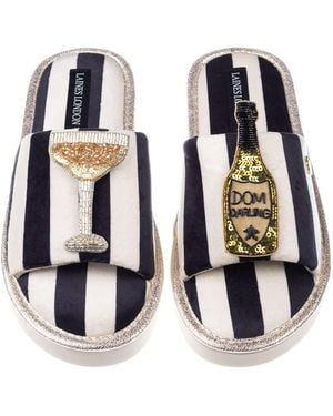 Laines London Flatform Stripe Open Toe Slippers With Dom Darling Brooches - Black