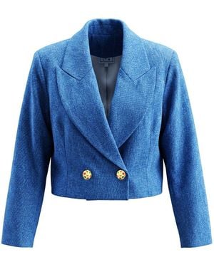 L2R THE LABEL Denim Cropped Double Breasted Blazer - Blue