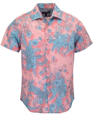 lords of harlech Scott Mono Floral Coral Printed Button Up Shirt - Blue
