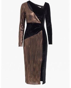 concept A trois Bronze Velvet And Plissé Midi Dress With Detachable Scarf - Multicolor