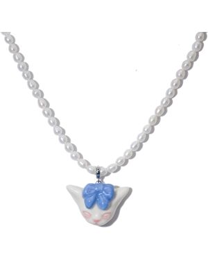 H2 Studio Angry Puss Bow Tie Freshwater Pearl Necklace - Blue