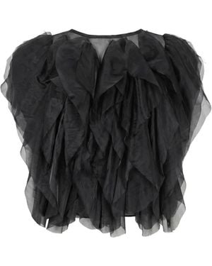 Modenaire Sheer Tulle Top With Flowing Cascading Ruffles - Black