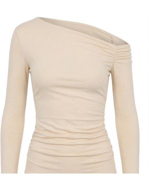 Monlicia Neutrals Asymmetric Off-Shoulder Long Sleeve Stretch Lune Top - Natural