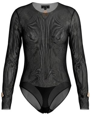 L2R THE LABEL Embellished Mesh Crewneck Second Skin Bodysuit - Black
