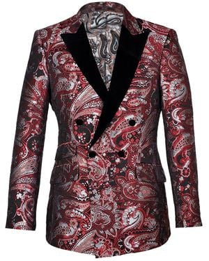 DAVID WEJ Kensington Double Breasted Peak Lapel Jacquard Blazer - Red