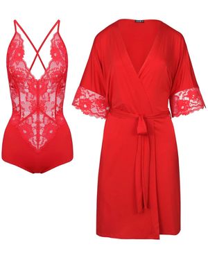 Oh!Zuza Gift Set – Lace Bodysuit & Peignoir - Red