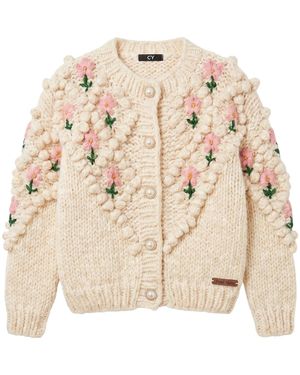 Cy Boutique Hand-Knitted Textured Floral Cardigan - Natural