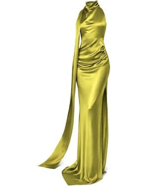 Moda Glam Muse Cowl Neck Open Back Gown- Chartreuse - Yellow