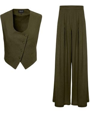 BLUZAT Linen Set With Fitted Vest And Wide-Leg Trousers - Green