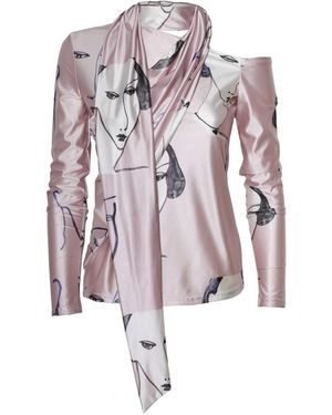 Julia Allert Draped Shoulder Long-Sleeve Printed Blouse Pale - Multicolor