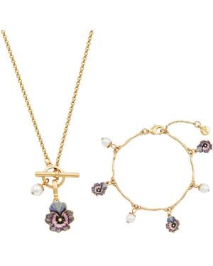 Fable England Pansy & Pearl Toggle Necklace & Charm Bracelet Set - Metallic