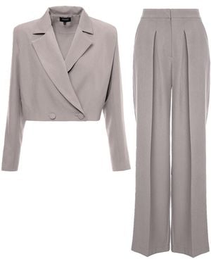 BLUZAT Neutrals Suit With Cropped Blazer And Ultra Wide Leg Pants - Gray