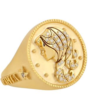 Artisan Yellow Gold Natural Diamond Virgo Horoscope Ring Handmade - Metallic