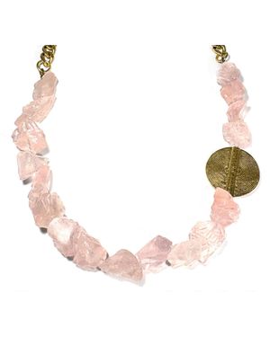 Rachel Nathan Raw Rose Quartz & Brass Medallion Necklace - Pink