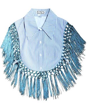 L2R THE LABEL Striped Reversible Fringe Vest - Blue