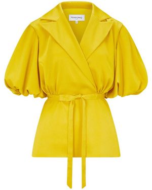 Femponiq Draped Puff Sleeve Satin Blouse - Yellow