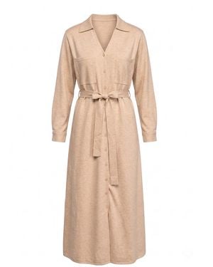 Tantra Spain Sl Neutrals Long Knit Shirt Dress With Chest Pockets And Belt - Natural