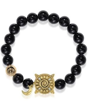 Aurozia Three Charms Solar Meridian Whitegold Plated Sundial And The Sun Coin Agate Beaded Bracelet - Black
