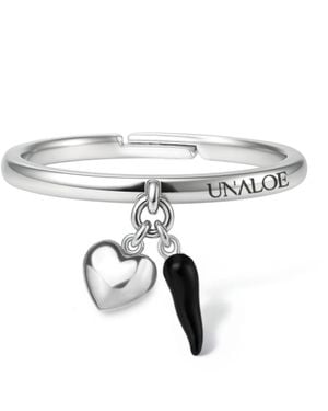 Unaloe Sterling Adjustable Ring With Enamel Italian Horn And Heart – Protection Jewelry For - Metallic