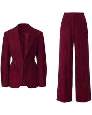 BLUZAT Dark Suit With Waist Accentuated Blazer And Wide-Leg Pants - Purple