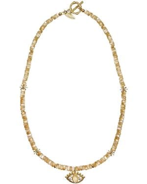 Farra Neutrals Shell With Turkish Devil Eye Pendant Necklace - Metallic