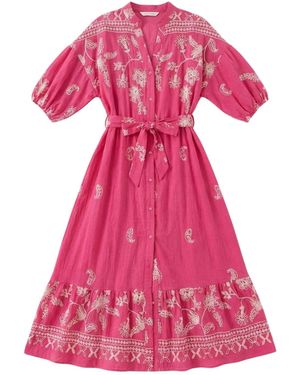 LAtelier London Embroidered Boho Midi Shirt Dress - Pink