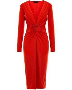 ROSERRY Mallorca Jersey Midi Dress With Fixed Rosette Detail - Red